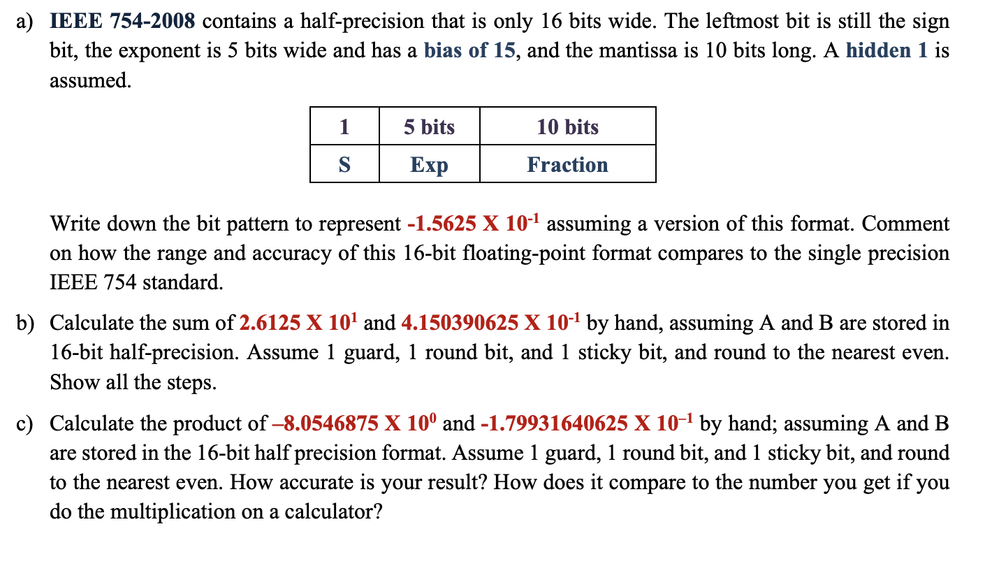 A Ieee 754 2008 Contains A Half Precision That Is Only 16 Bits Wide The Leftmost Bit Is Still The Sign Bit The Expone 1