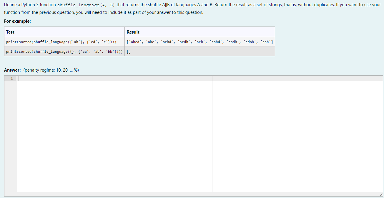 Define A Python 3 Function Shuffle Language A B That Returns The Shuffle A B Of Languages A And B Return The Result 1