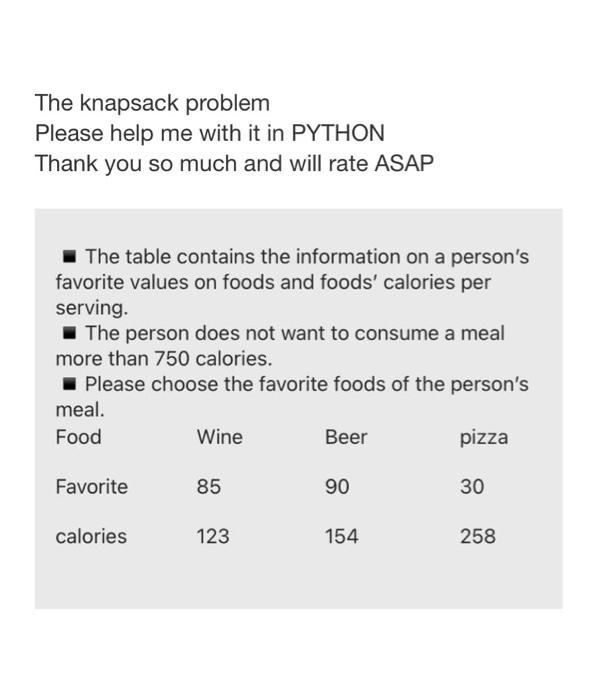 The Knapsack Problem Please Help Me With It In Python Thank You So Much And Will Rate Asap The Table Contains The Inform 1