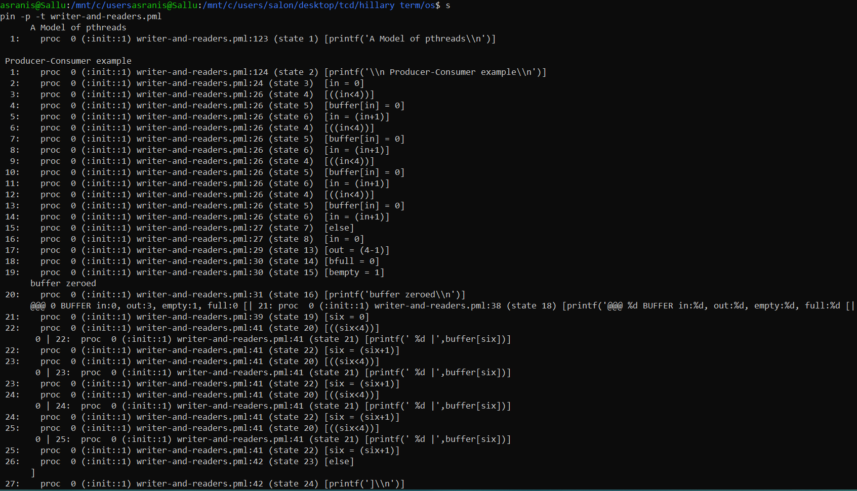 I Was Given Two Files Pthread Pml And Writer And Readers Pml And Trail File Was Generated Which Shows The Errors Help 1
