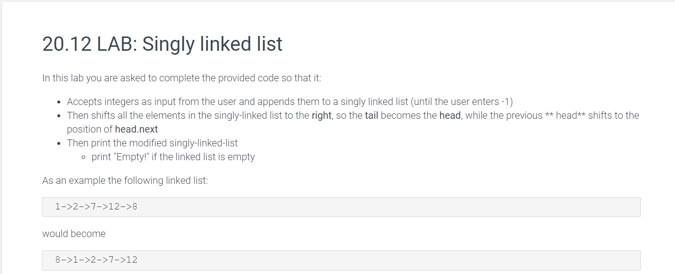 20 12 Lab Singly Linked List In This Lab You Are Asked To Complete The Provided Code So That It Accepts Integers As 1