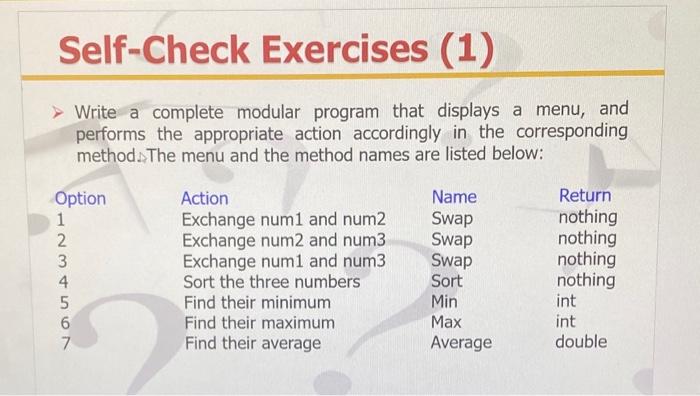 Self Check Exercises 1 Write A Complete Modular Program That Displays A Menu And Performs The Appropriate Action Ac 1