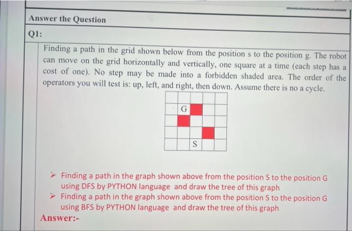 Answer The Question Q1 Finding A Path In The Grid Shown Below From The Position S To The Position G The Robot Can Move 1
