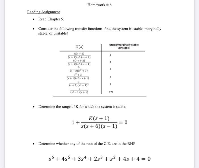 Homework 6 Reading Assignment Read Chapter 5 Consider The Following Transfer Functions Find The System Is Stable 1