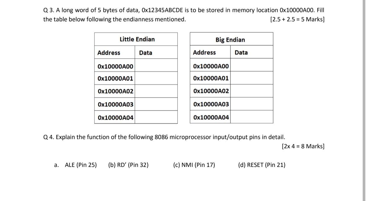 Q 3 A Long Word Of 5 Bytes Of Data 0x12345abcde Is To Be Stored In Memory Location Ox10000a00 Fill The Table Below Fo 1