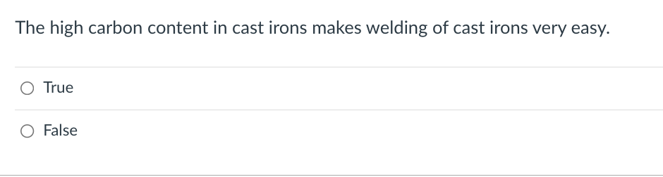The High Carbon Content In Cast Irons Makes Welding Of Cast Irons Very Easy O True O False As The Content Of Alloying 1