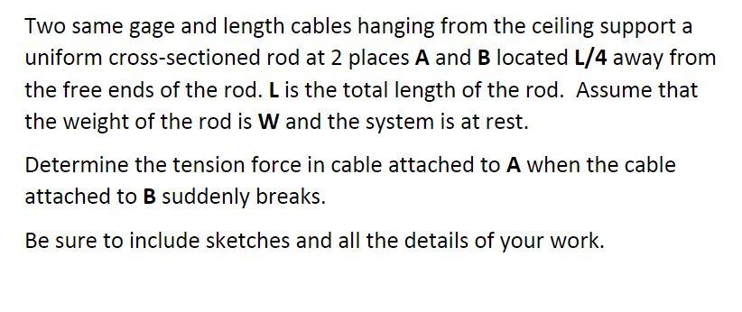Two Same Gage And Length Cables Hanging From The Ceiling Support A Uniform Cross Sectioned Rod At 2 Places A And B Locat 1