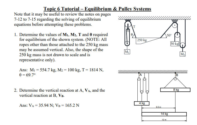 Topic 6 Tutorial Equilibrium Pulley Systems Note That It May Be Useful To Review The Notes On Pages 7 12 To 7 15 Reg 1