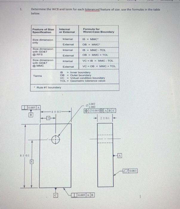 1 Determine The Wcb And Term For Each Toleranced Feature Of Size Use The Formulas In The Table Below Feature Of Size Spe 1