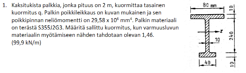 80 Mm 1 Kaksitukista Palkkia Jonka Pituus On 2 M Kuormittaa Tasainen Kuormitus Q Palkin Poikkileikkaus On Kuvan Muka 1