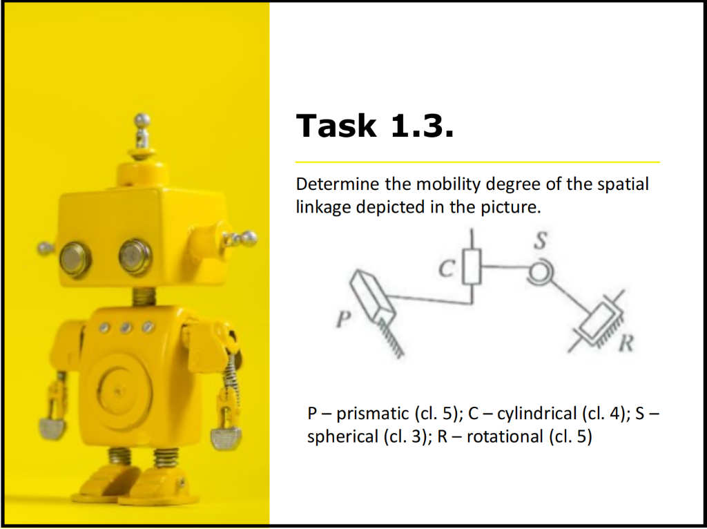 Task 1 3 Determine The Mobility Degree Of The Spatial Linkage Depicted In The Picture S R P Prismatic Cl 5 C Cy 1