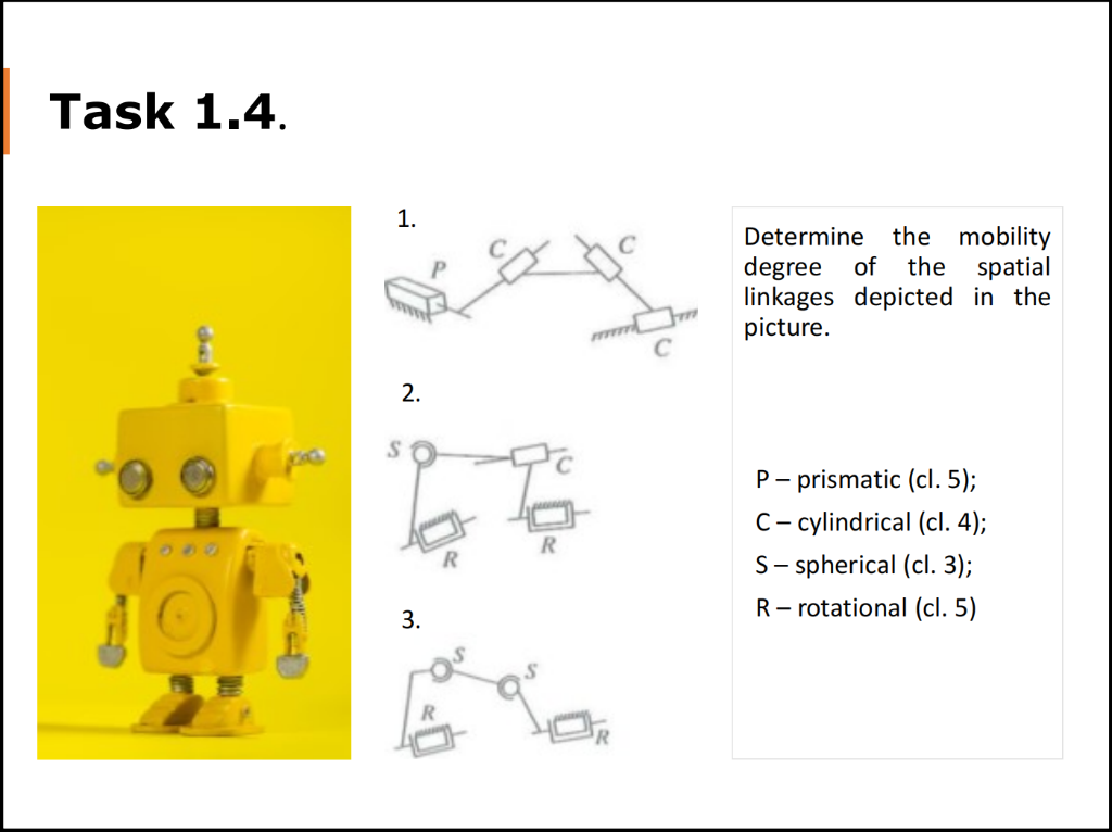Task 1 4 1 Determine The Mobility Degree Of The Spatial Linkages Depicted In The Picture 2 S R P Prismatic Cl 5 1