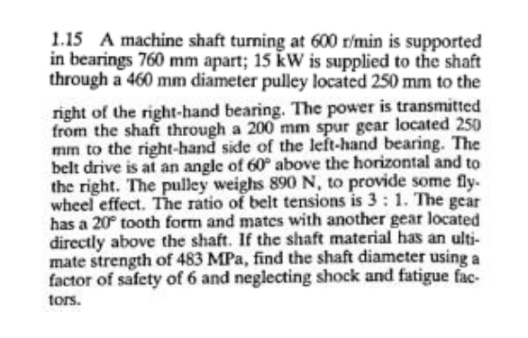 1 15 A Machine Shaft Turning At 600 R Min Is Supported In Bearings 760 Mm Apart 15 Kw Is Supplied To The Shaft Through 1