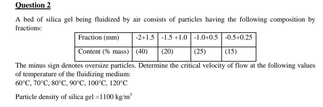 Question 2 A Bed Of Silica Gel Being Fluidized By Air Consists Of Particles Having The Following Composition By Fraction 1