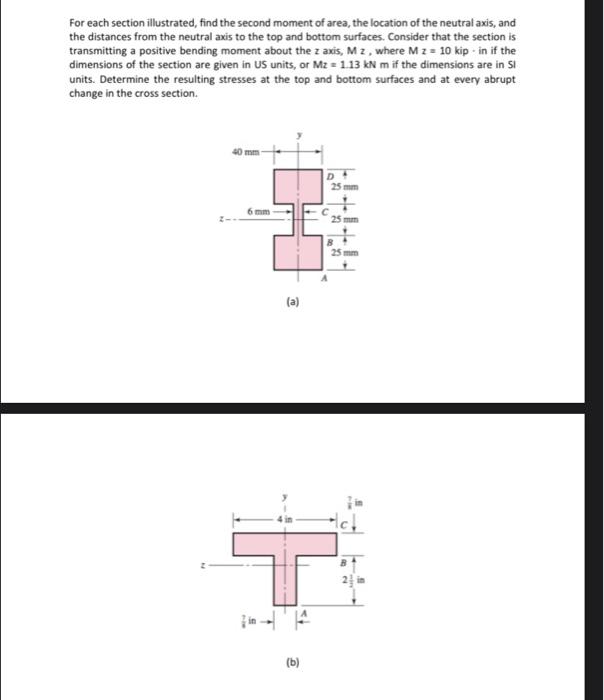For Each Section Illustrated Find The Second Moment Of Area The Location Of The Neutral Axis And The Distances From T 1