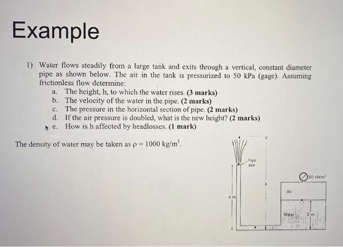 Example 1 Water Flows Steadily From A Large Tank And Exits Through A Vertical Constant Diameter Pipe As Shown Below T 1