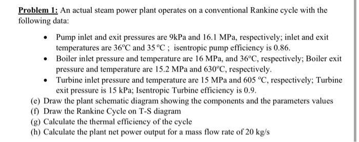 Problem 1 An Actual Steam Power Plant Operates On A Conventional Rankine Cycle With The Following Data Pump Inlet And 1