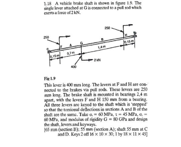 1 18 A Vehicle Brake Shaft Is Shown In Figure 1 9 The Single Lever Attached At G Is Connected To A Pull Rod Which Exert 1
