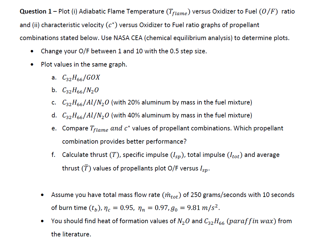 Question 1 Plot I Adiabatic Flame Temperature Tflame Versus Oxidizer To Fuel O F Ratio And Ii Characteristic V 1