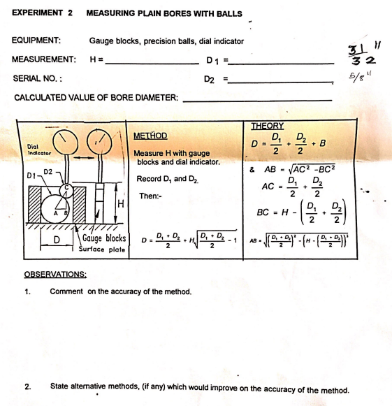 Answer The Observations Questions About The Method For This Experiment The Diameters Of The Two Balls D1 And D2 Were Me 1