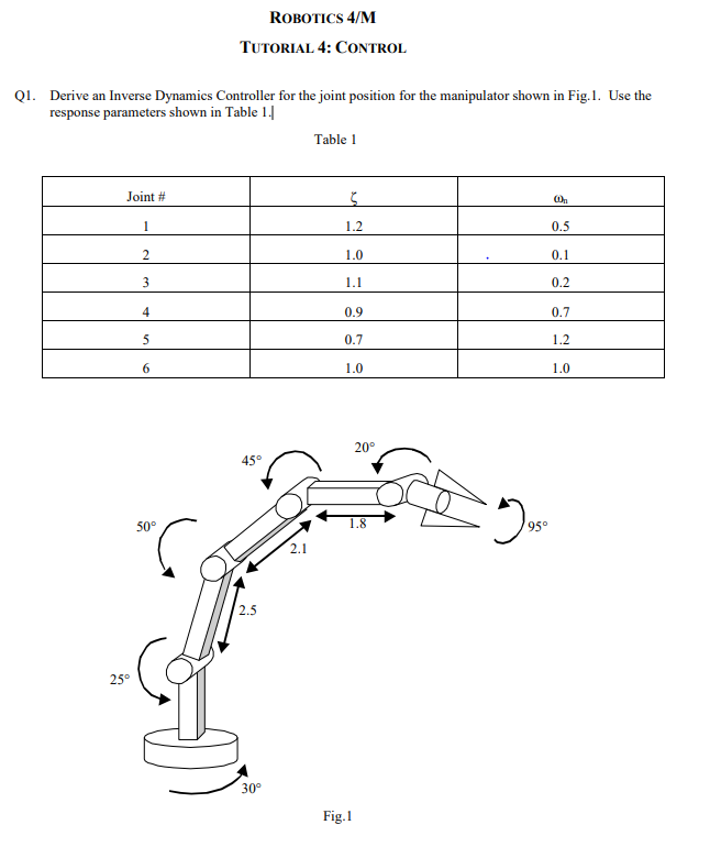 Robotics 4 M Tutorial 4 Control Q1 Derive An Inverse Dynamics Controller For The Joint Position For The Manipulator Sh 1