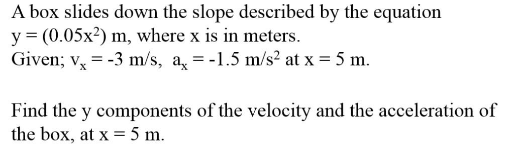 A Box Slides Down The Slope Described By The Equation Y 0 05x2 M Where X Is In Meters Given Vx 3 M S Ax 1 1