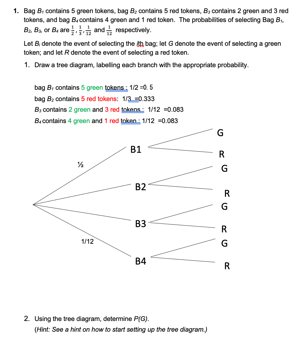 1 Bag By Contains 5 Green Tokens Bag B2 Contains 5 Red Tokens B3 Contains 2 Green And 3 Red Tokens And Bag B4 Contai 1