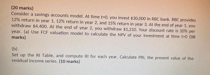 20 Marks Consider A Savings Accounts Model At Time T 0 You Invest 30 000 In Rbc Bank Rbc Provides 12 Return In Ye 1