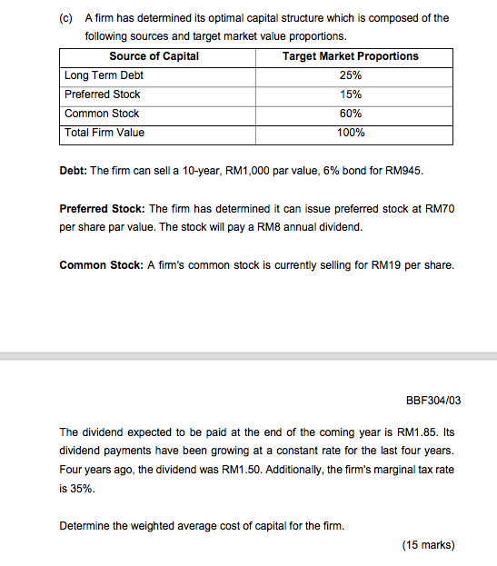 C A Firm Has Determined Its Optimal Capital Structure Which Is Composed Of The Following Sources And Target Market Val 1