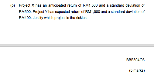 B Project X Has An Anticipated Return Of Rm1 500 And A Standard Deviation Of Rm500 Project Y Has Expected Return Of R 1