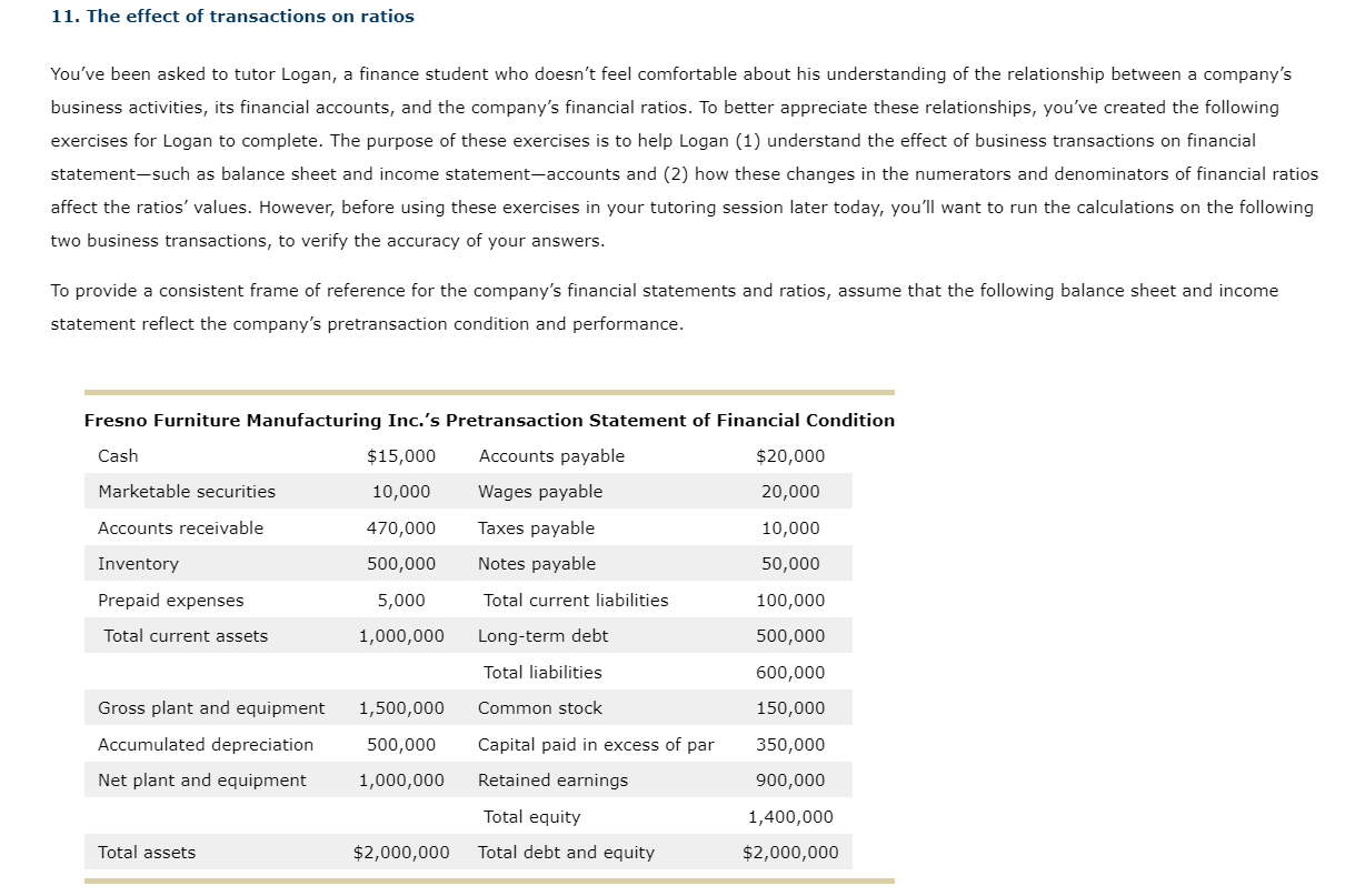 11 The Effect Of Transactions On Ratios You Ve Been Asked To Tutor Logan A Finance Student Who Doesn T Feel Comfortabl 1