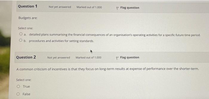 Question 1 Not Yet Answered Marked Out Of 1 000 Flag Question Budgets Are Select One O A Detailed Plans Summarising Th 1