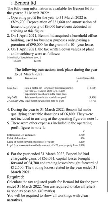 2 Benoni Ltd The Following Information Is Available For Benoni Itd For The Year To 31 March 2022 1 Operating Profit F 1