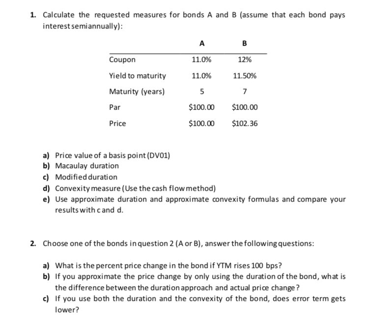 1 Calculate The Requested Measures For Bonds A And B Assume That Each Bond Pays Interest Semiannually A B Coupon 11 1