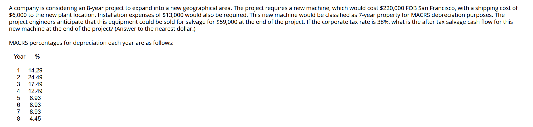 A Company Is Considering An 8 Year Project To Expand Into A New Geographical Area The Project Requires A New Machine W 1