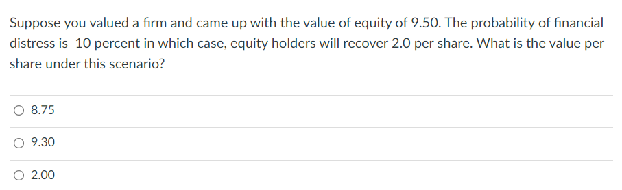 Suppose You Valued A Firm And Came Up With The Value Of Equity Of 9 50 The Probability Of Financial Distress Is 10 Perc 1