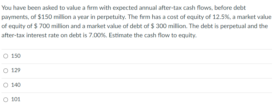 You Have Been Asked To Value A Firm With Expected Annual After Tax Cash Flows Before Debt Payments Of 150 Million A Y 1