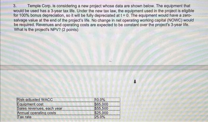 3 Temple Corp Is Considering A New Project Whose Data Are Shown Below The Equipment That Would Be Used Has A 3 Year T 1