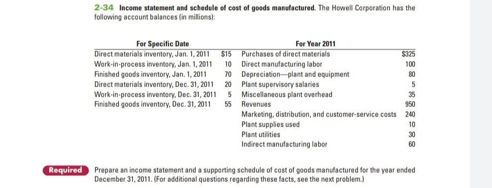 2 34 Income Statement And Schedule Of Cost Of Goods Manufactured The Howell Corporation Has The Following Account Balan 1