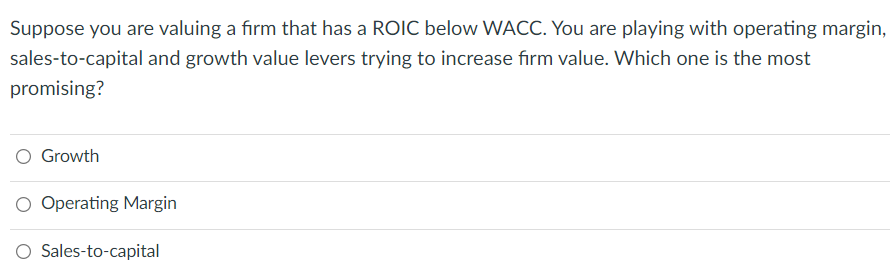 Suppose You Are Valuing A Firm That Has A Roic Below Wacc You Are Playing With Operating Margin Sales To Capital And G 1
