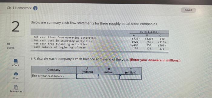 Ch 1 Homework Saved Below Are Summary Cash Flow Statements For Three Roughly Equal Sized Companies 2 Net Cash Flows From 1