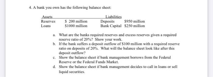 4 A Bank You Own Has The Following Balance Sheet Assets Liabilities Reserves 200 Million Deposits 950 Million Loans 1