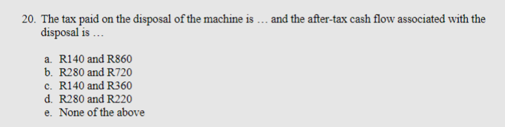 20 The Tax Paid On The Disposal Of The Machine Is And The After Tax Cash Flow Associated With The Disposal Is A 1