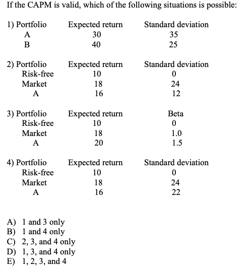 If The Capm Is Valid Which Of The Following Situations Is Possible 1 Portfolio A B Expected Return 30 40 Standard Dev 1