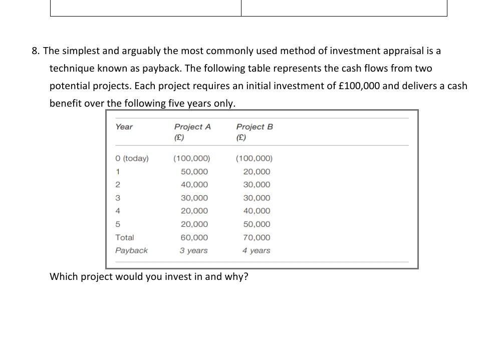 8 The Simplest And Arguably The Most Commonly Used Method Of Investment Appraisal Is A Technique Known As Payback The 1