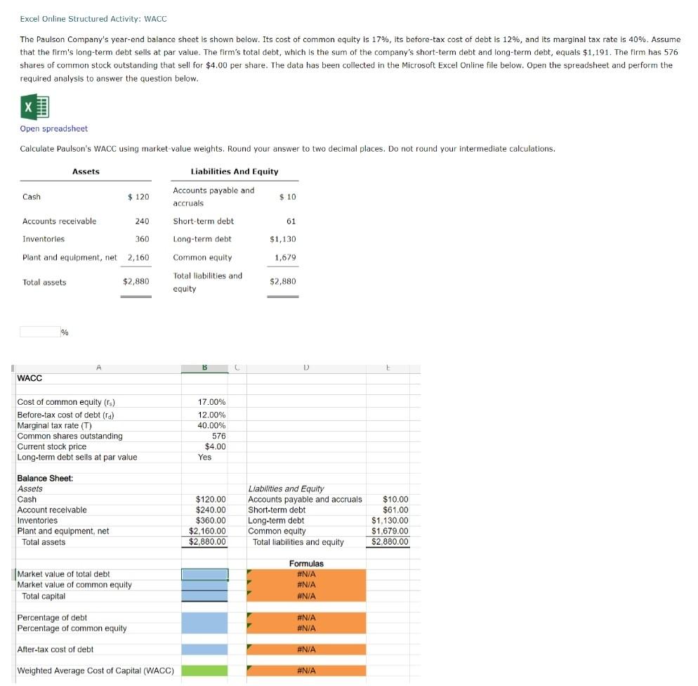 Excel Online Structured Activity Wacc The Paulson Company S Year End Balance Sheet Is Shown Below Its Cost Of Common E 1