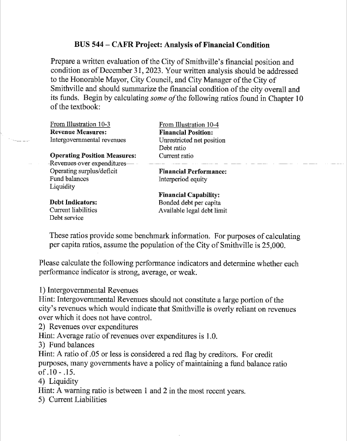 Bus 544 Cafr Project Analysis Of Financial Condition Prepare A Written Evaluation Of The City Of Smithville S Financi 1