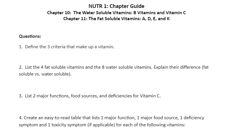 Nutr 1 Chapter Guide Chapter 10 The Water Soluble Vitamins B Vitamins And Vitamin C Chapter 11 The Fat Soluble Vitam 1