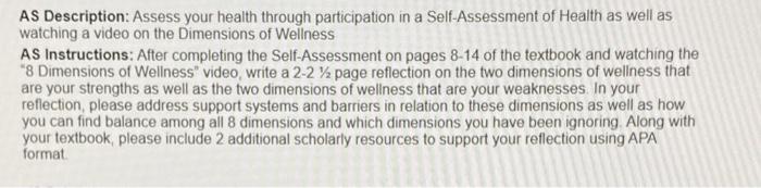 As Description Assess Your Health Through Participation In A Self Assessment Of Health As Well As Watching A Video On T 1