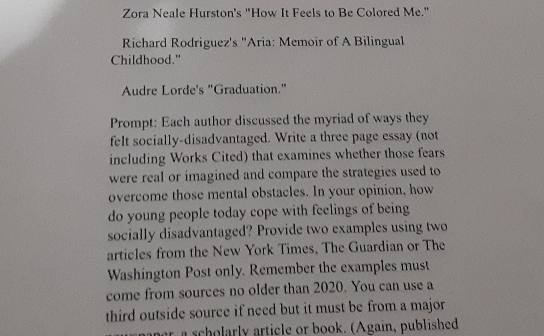 Zora Neale Hurston S How It Feels To Be Colored Me Richard Rodriguez S Aria Memoir Of A Bilingual Childhood Audre 1